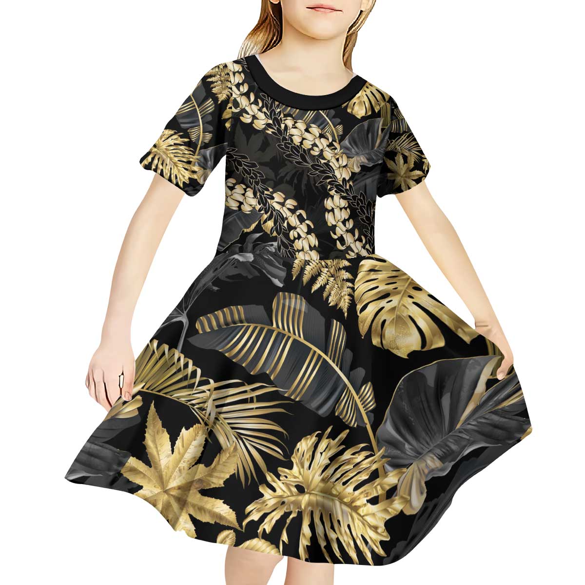 Gold Tropical Leaves Hawaii Mikioi Lei Kid Short Sleeve Dress Luxury Stylized - Polynesian Pride