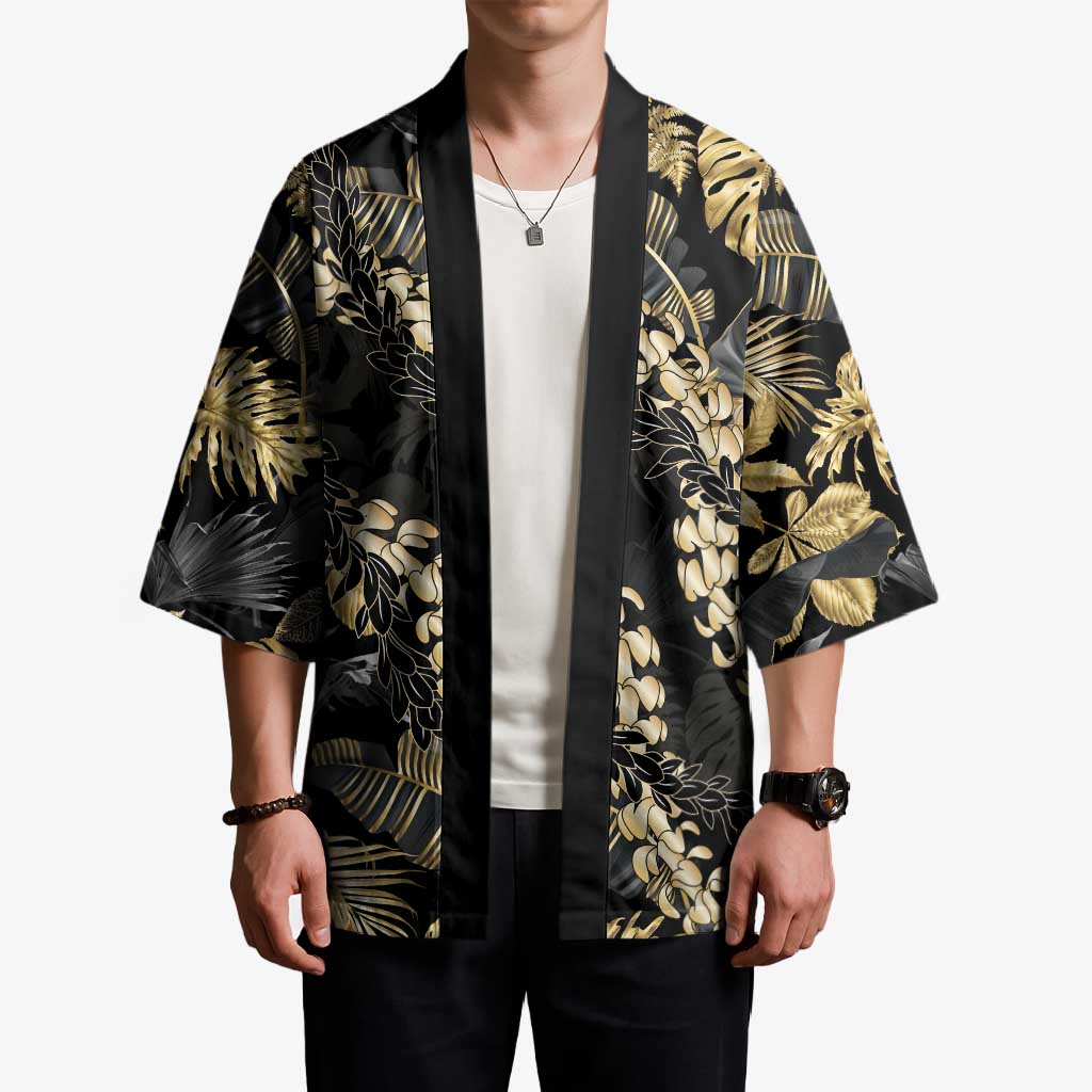 Gold Tropical Leaves Hawaii Mikioi Lei Kimono Luxury Stylized - Polynesian Pride