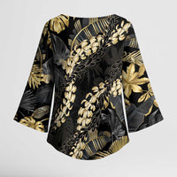 Gold Tropical Leaves Hawaii Mikioi Lei Kimono Sleeve Blouse Luxury Stylized - Polynesian Pride
