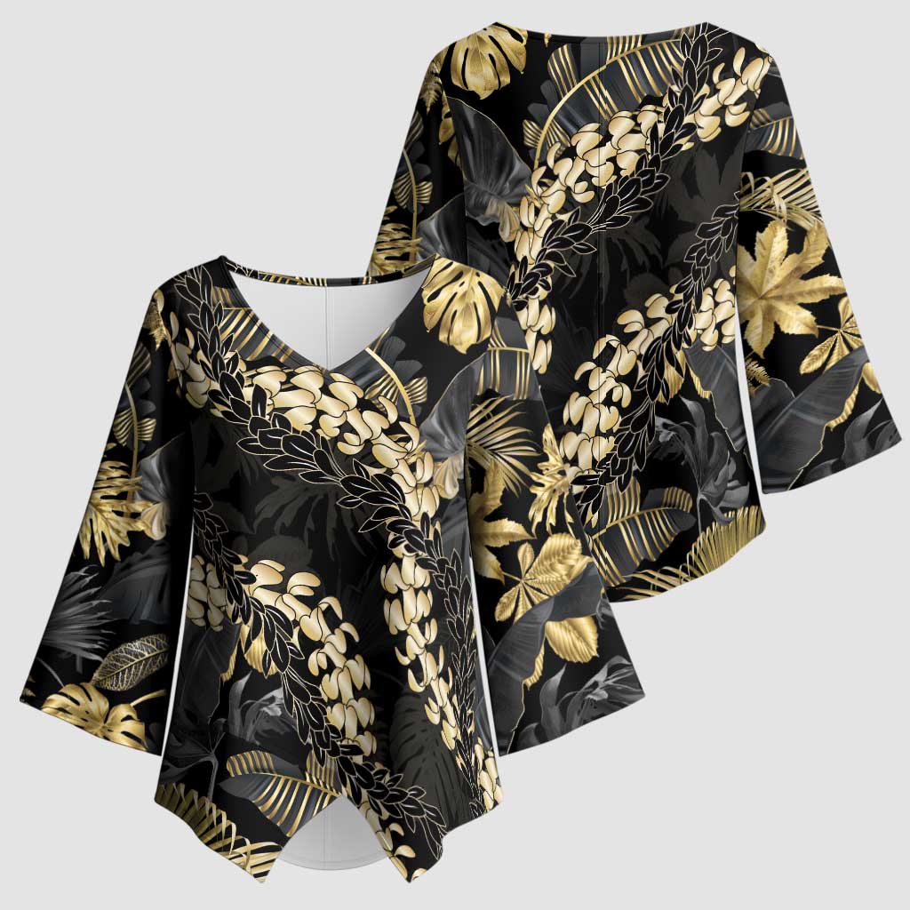 Gold Tropical Leaves Hawaii Mikioi Lei Kimono Sleeve Blouse Luxury Stylized - Polynesian Pride