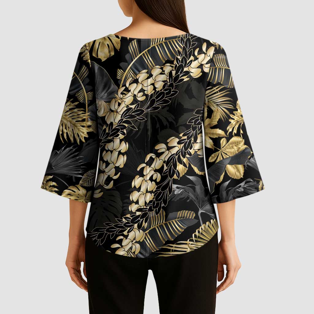 Gold Tropical Leaves Hawaii Mikioi Lei Kimono Sleeve Blouse Luxury Stylized - Polynesian Pride