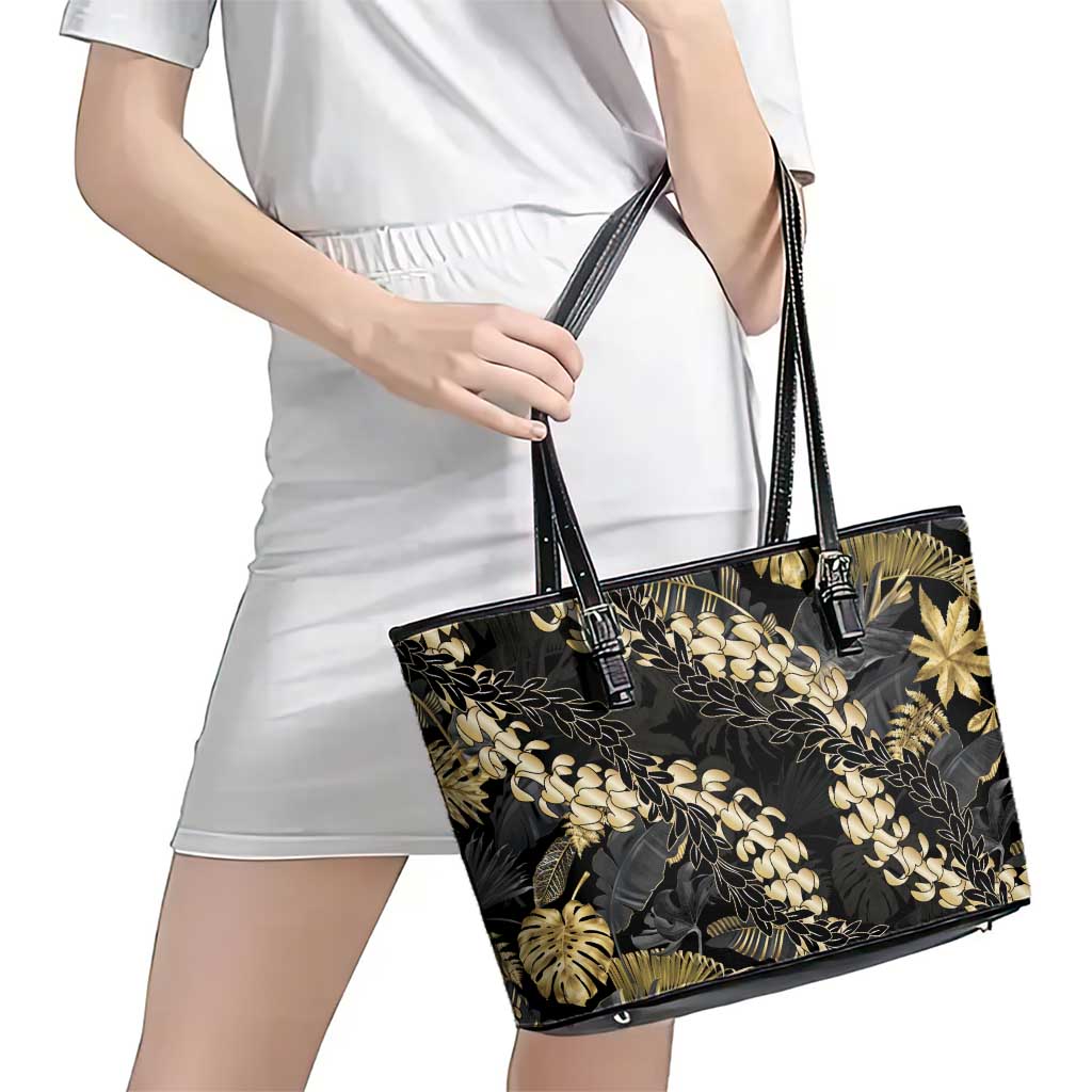 Gold Tropical Leaves Hawaii Mikioi Lei Leather Tote Bag Luxury Stylized - Polynesian Pride