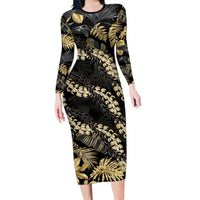 Gold Tropical Leaves Hawaii Mikioi Lei Long Sleeve Bodycon Dress Luxury Stylized - Polynesian Pride