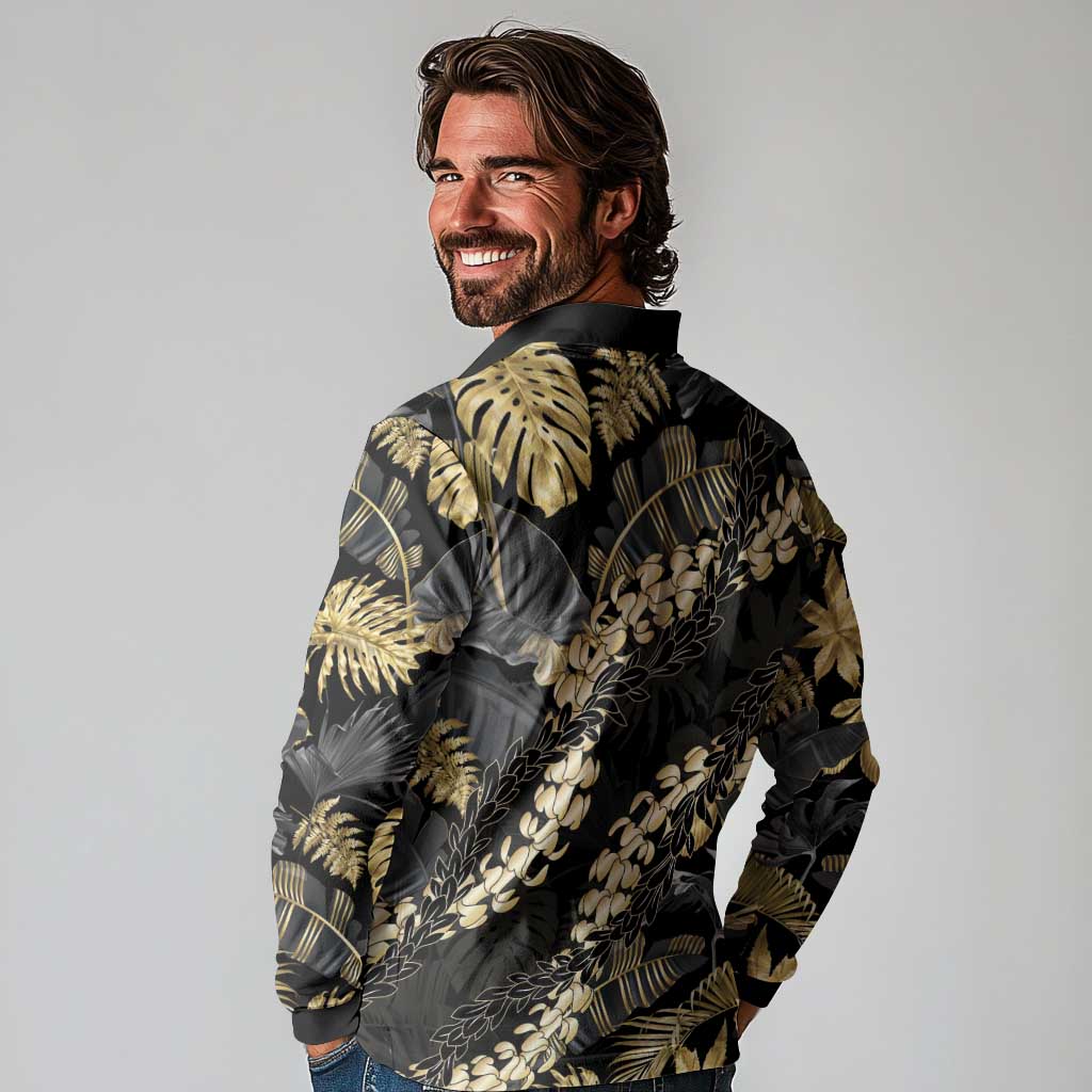 Gold Tropical Leaves Hawaii Mikioi Lei Long Sleeve Polo Shirt Luxury Stylized - Polynesian Pride