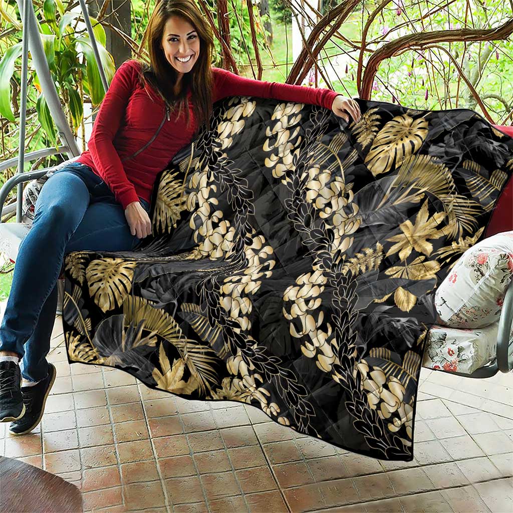 Gold Tropical Leaves Hawaii Mikioi Lei Quilt Luxury Stylized - Polynesian Pride