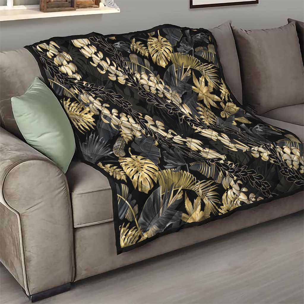 Gold Tropical Leaves Hawaii Mikioi Lei Quilt Luxury Stylized - Polynesian Pride
