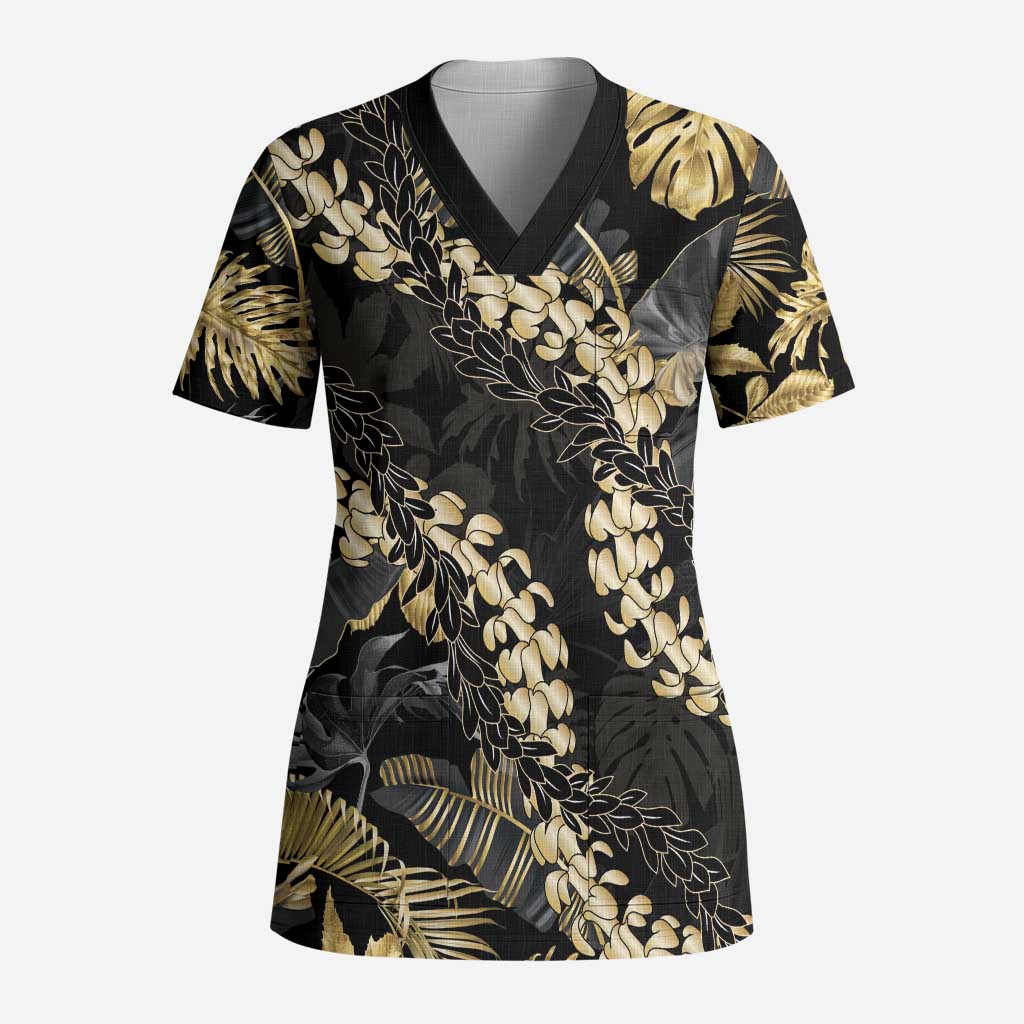 Gold Tropical Leaves Hawaii Mikioi Lei Scrub Top Luxury Stylized - Polynesian Pride