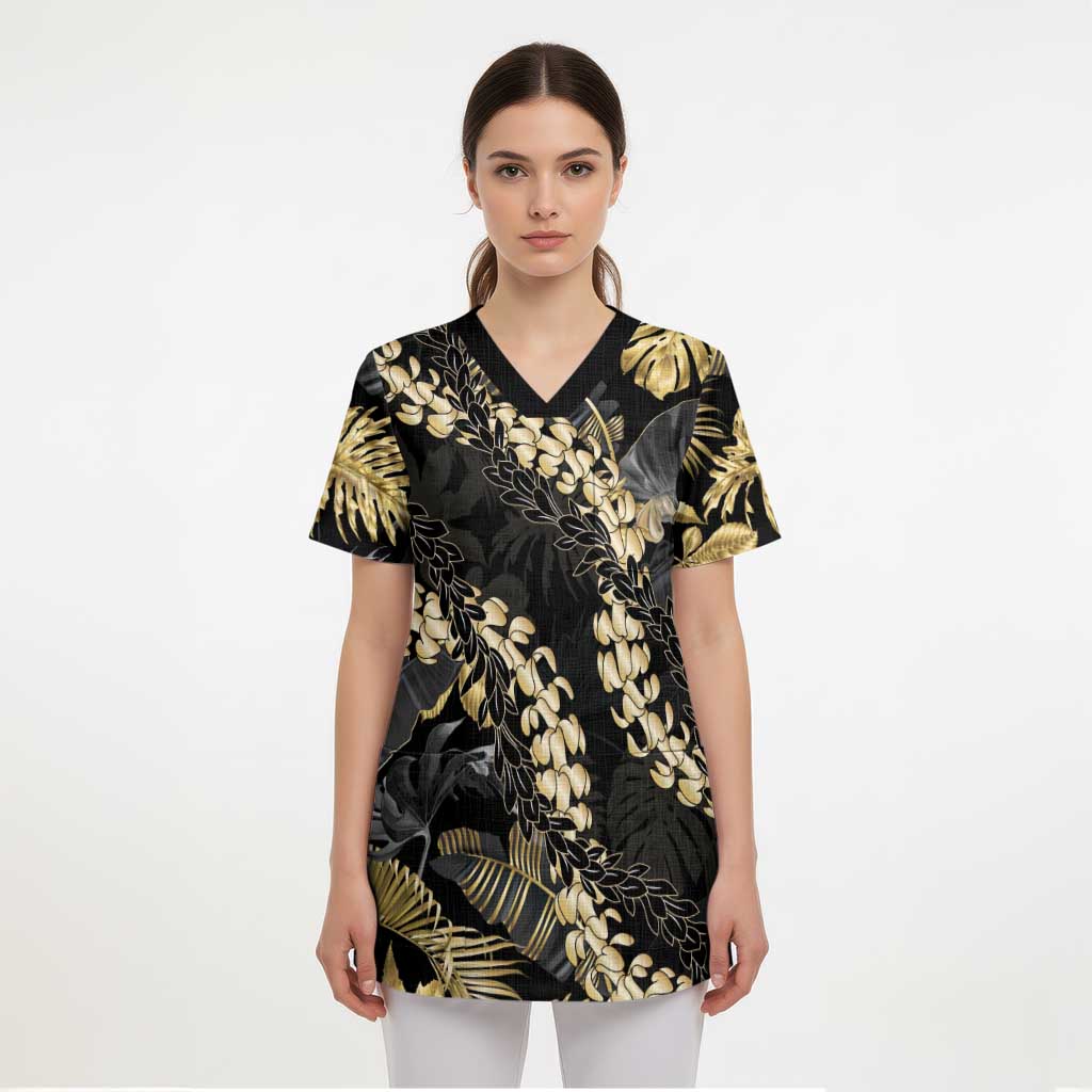 Gold Tropical Leaves Hawaii Mikioi Lei Scrub Top Luxury Stylized - Polynesian Pride