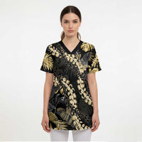 Gold Tropical Leaves Hawaii Mikioi Lei Scrub Top Luxury Stylized - Polynesian Pride