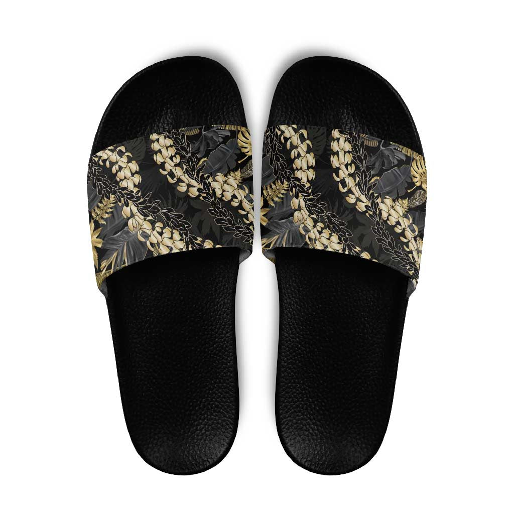 Gold Tropical Leaves Hawaii Mikioi Lei Slide Sandals Luxury Stylized LT01 Gold - Polynesian Pride
