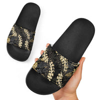 Gold Tropical Leaves Hawaii Mikioi Lei Slide Sandals Luxury Stylized LT01 - Polynesian Pride