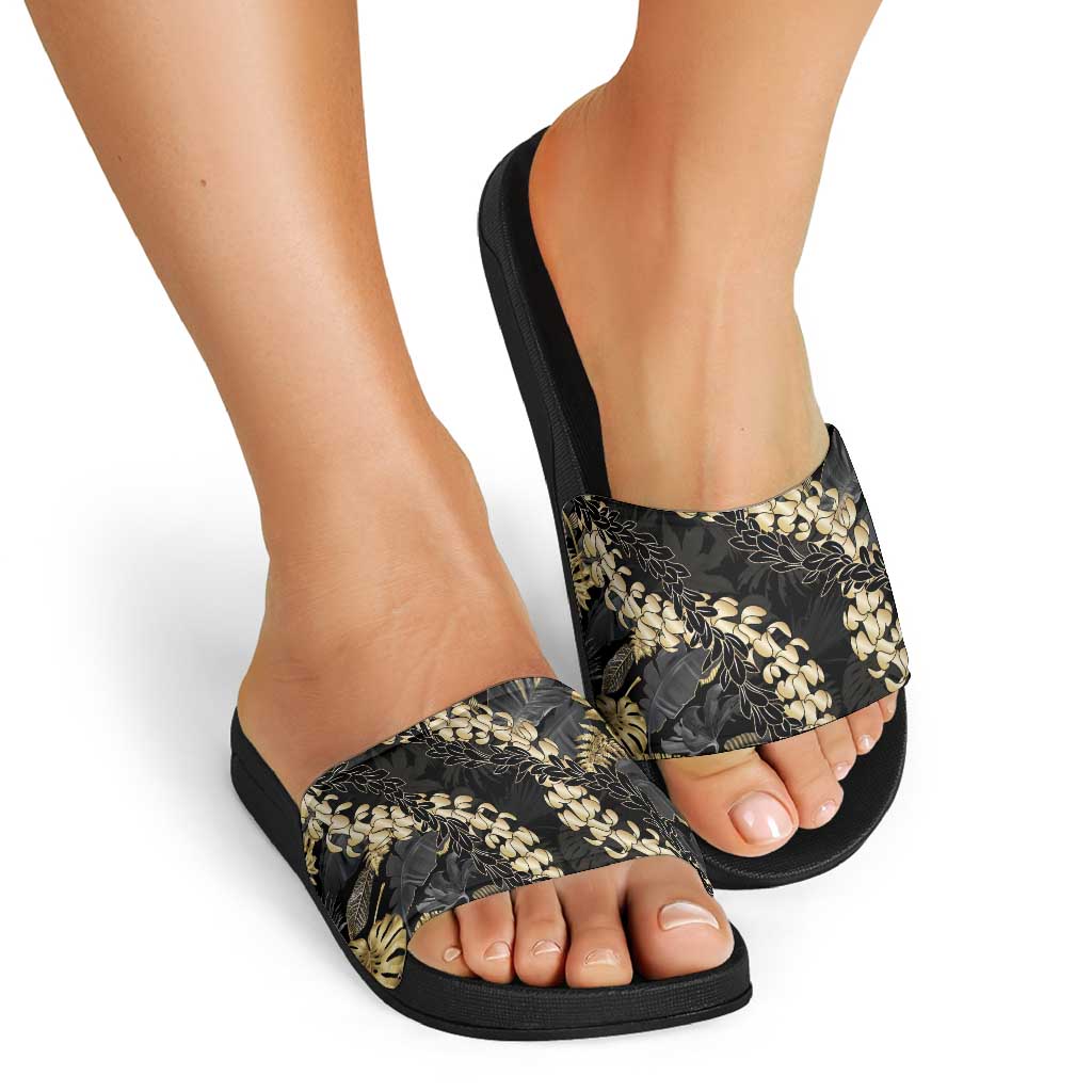 Gold Tropical Leaves Hawaii Mikioi Lei Slide Sandals Luxury Stylized LT01 - Polynesian Pride
