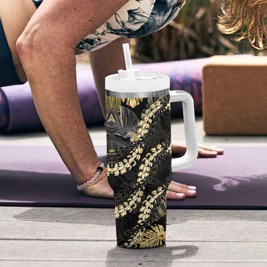 Gold Tropical Leaves Hawaii Mikioi Lei Tumbler With Handle Luxury Stylized - Polynesian Pride