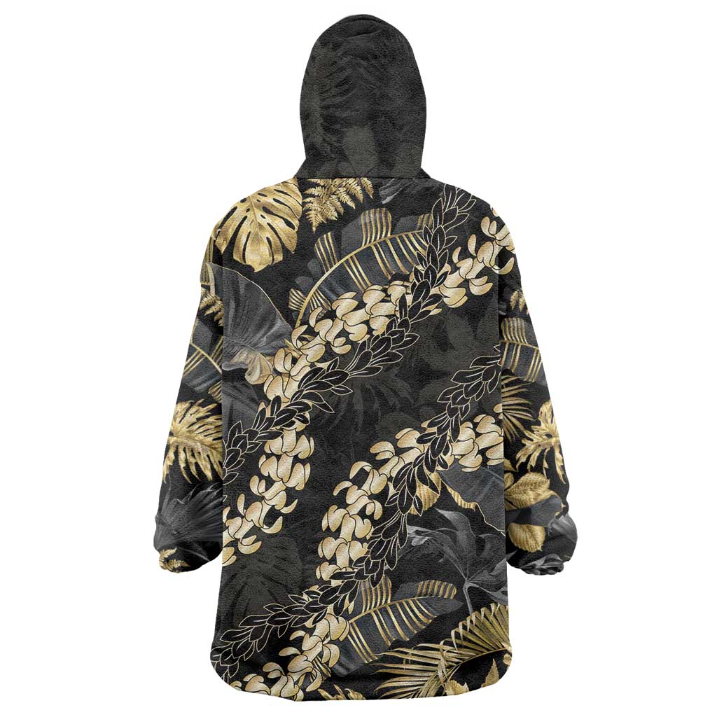 Gold Tropical Leaves Hawaii Mikioi Lei Wearable Blanket Hoodie Luxury Stylized - Polynesian Pride