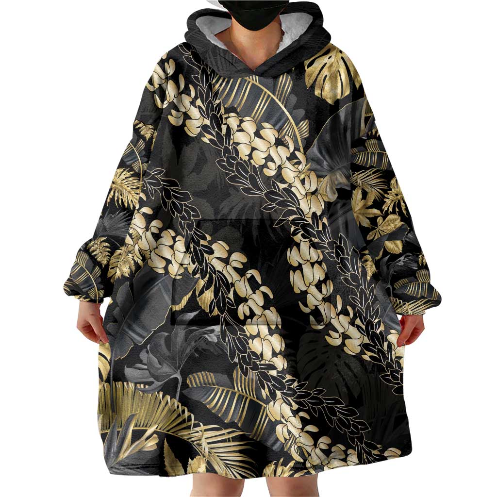 Gold Tropical Leaves Hawaii Mikioi Lei Wearable Blanket Hoodie Luxury Stylized - Polynesian Pride