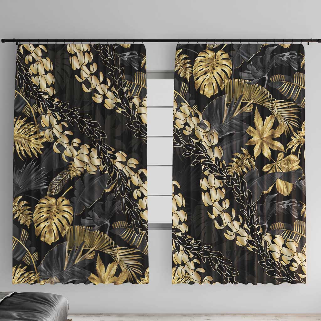 Gold Tropical Leaves Hawaii Mikioi Lei Window Curtain Luxury Stylized LT01 With Hooks Gold - Polynesian Pride