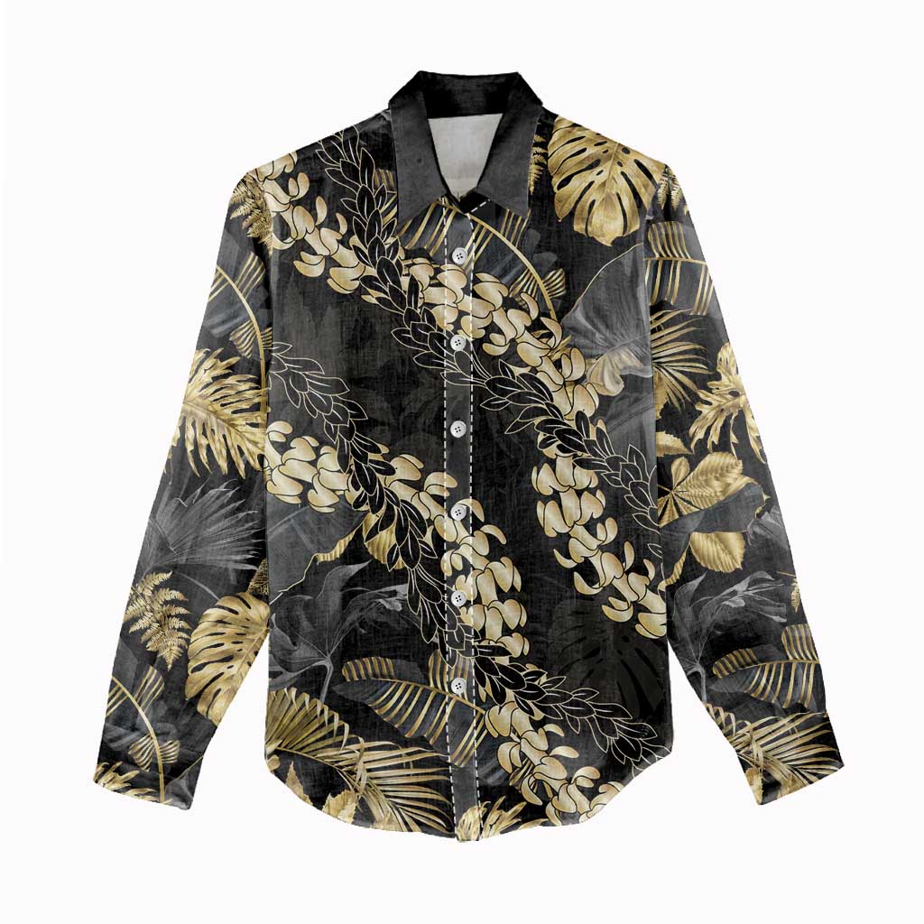Gold Tropical Leaves Hawaii Mikioi Lei Women Casual Shirt Luxury Stylized - Polynesian Pride