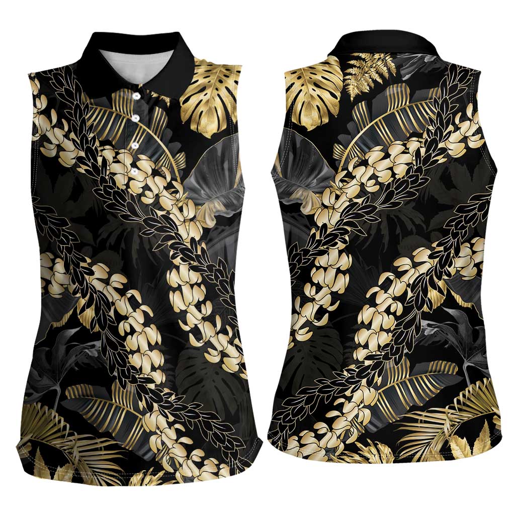 Gold Tropical Leaves Hawaii Mikioi Lei Women Sleeveless Polo Shirt Luxury Stylized - Polynesian Pride