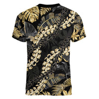Gold Tropical Leaves Hawaii Mikioi Lei Women V-Neck T-Shirt Luxury Stylized - Polynesian Pride