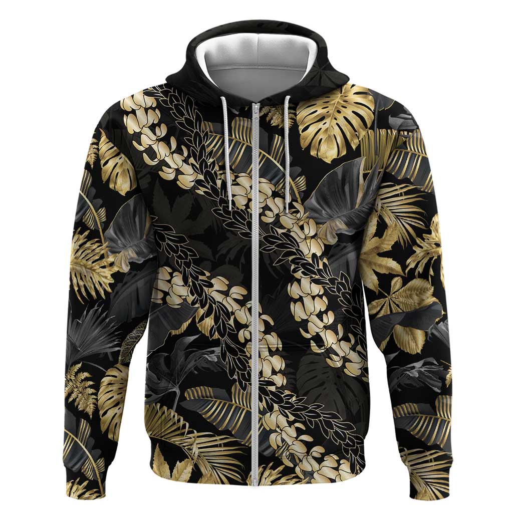 Gold Tropical Leaves Hawaii Mikioi Lei Zip Hoodie Luxury Stylized - Polynesian Pride