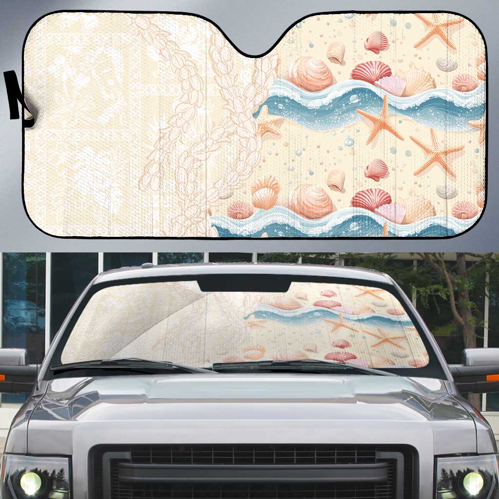 Beige Hawaii Lei Seashells Starfish Auto Sun Shade Sandy Sylized - Polynesian Pride