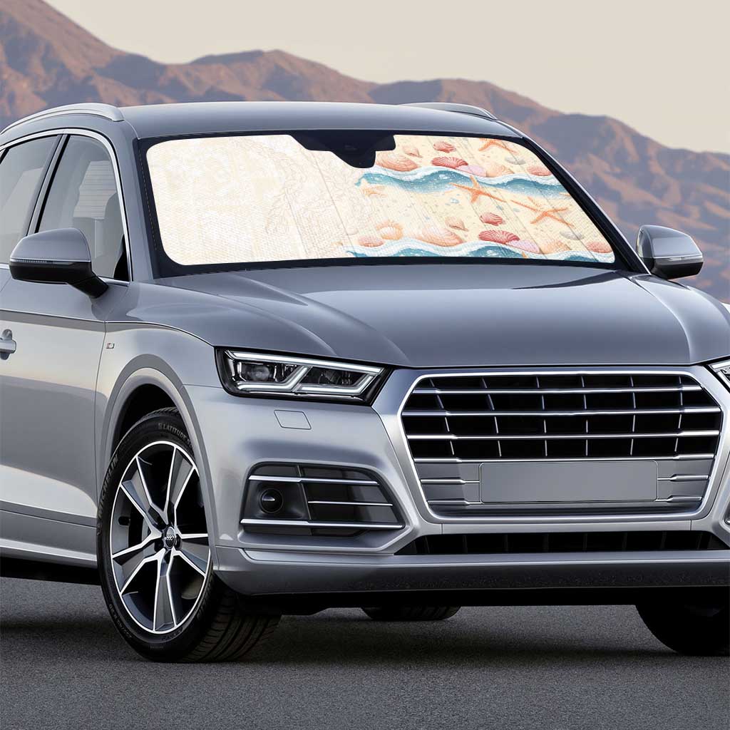 Beige Hawaii Lei Seashells Starfish Auto Sun Shade Sandy Sylized - Polynesian Pride