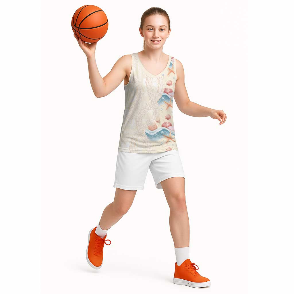 Beige Hawaii Lei Seashells Starfish Basketball Jersey Sandy Sylized - Polynesian Pride