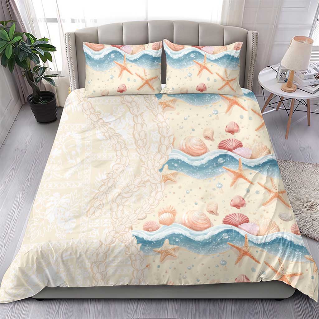 Beige Hawaii Lei Seashells Starfish Bedding Set Sandy Sylized - Polynesian Pride
