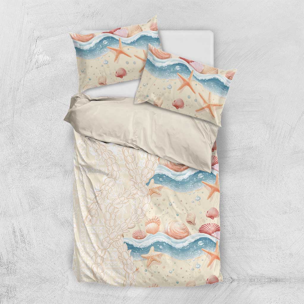 Beige Hawaii Lei Seashells Starfish Bedding Set Sandy Sylized - Polynesian Pride