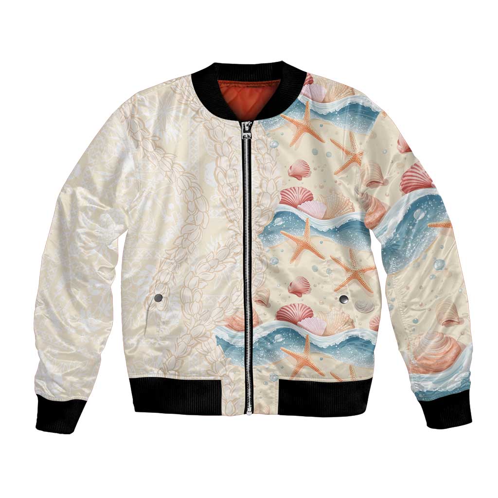 Beige Hawaii Lei Seashells Starfish Bomber Jacket Sandy Sylized - Polynesian Pride