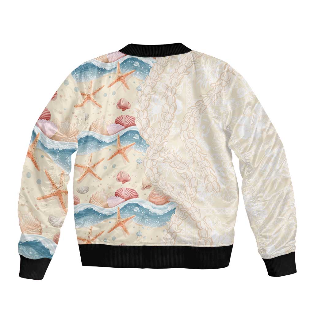 Beige Hawaii Lei Seashells Starfish Bomber Jacket Sandy Sylized - Polynesian Pride