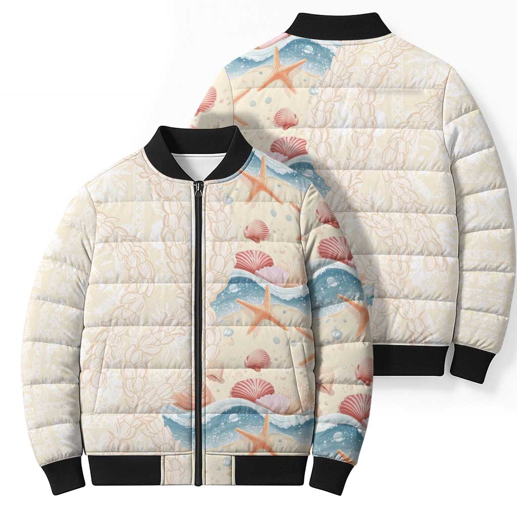 Beige Hawaii Lei Seashells Starfish Bomber Puffer Jacket Sandy Sylized - Polynesian Pride