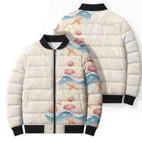 Beige Hawaii Lei Seashells Starfish Bomber Puffer Jacket Sandy Sylized - Polynesian Pride