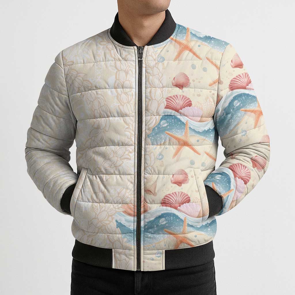 Beige Hawaii Lei Seashells Starfish Bomber Puffer Jacket Sandy Sylized - Polynesian Pride