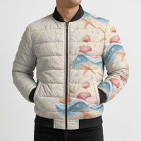 Beige Hawaii Lei Seashells Starfish Bomber Puffer Jacket Sandy Sylized - Polynesian Pride