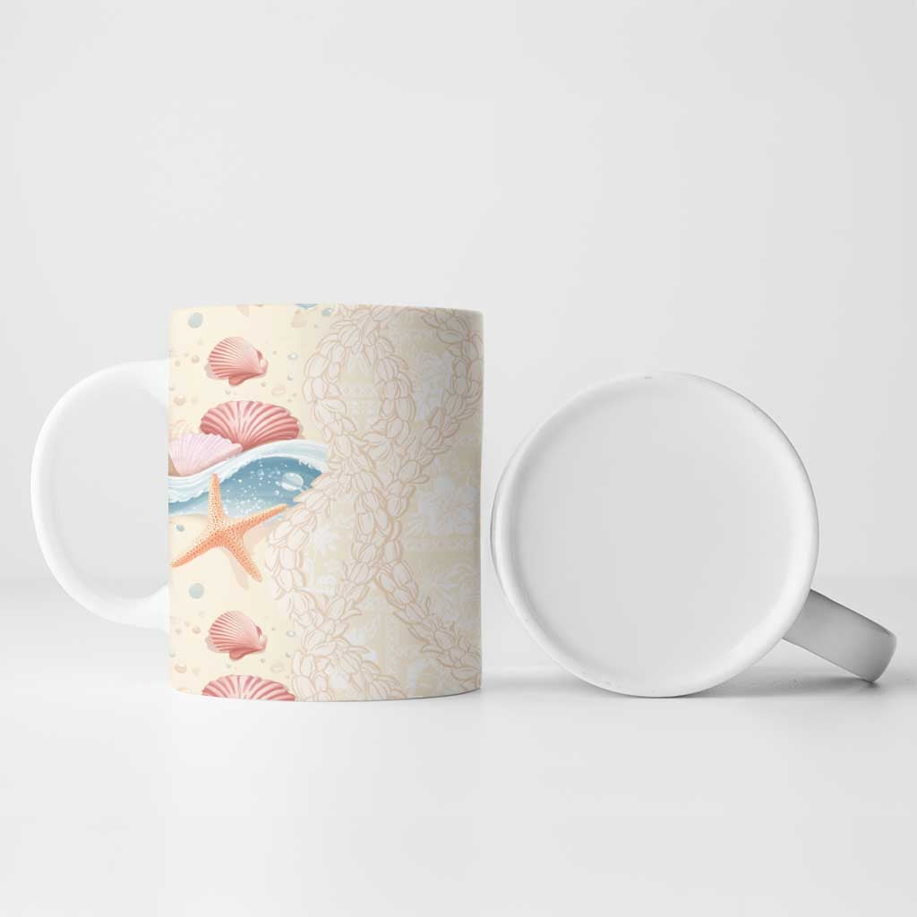 Beige Hawaii Lei Seashells Starfish Ceramic Mug Sandy Sylized - Polynesian Pride
