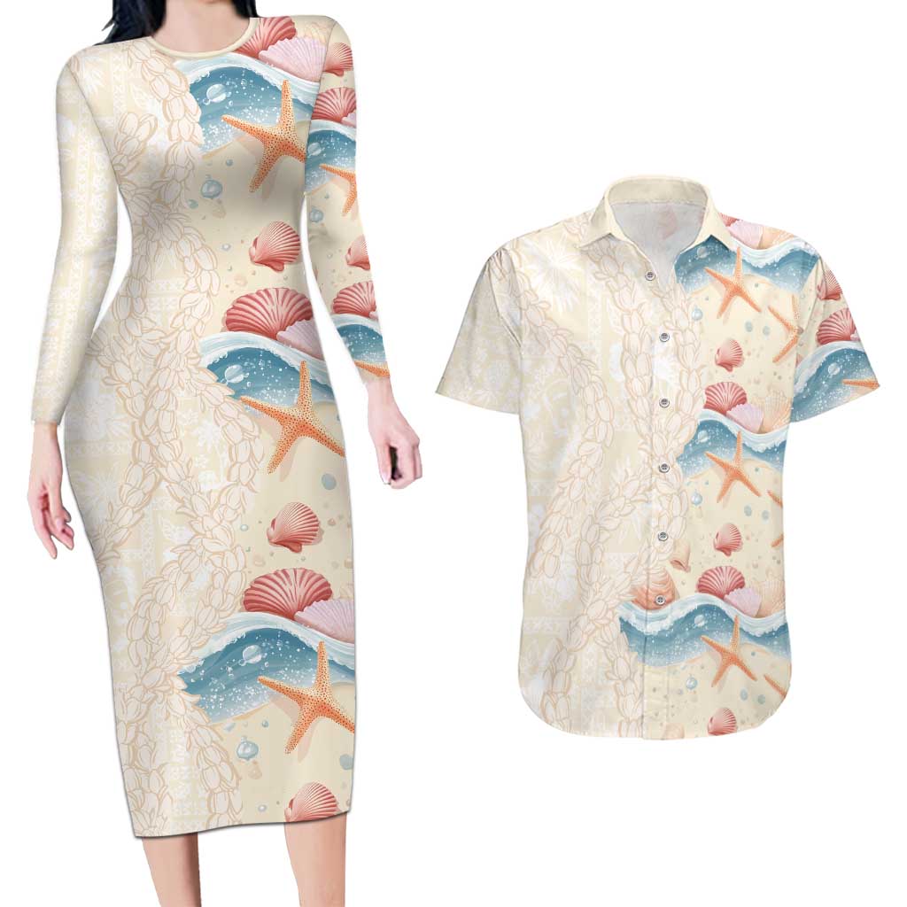 Beige Hawaii Lei Seashells Starfish Couples Matching Long Sleeve Bodycon Dress and Hawaiian Shirt Sandy Sylized - Polynesian Pride
