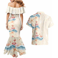 Beige Hawaii Lei Seashells Starfish Couples Matching Mermaid Dress and Hawaiian Shirt Sandy Sylized - Polynesian Pride