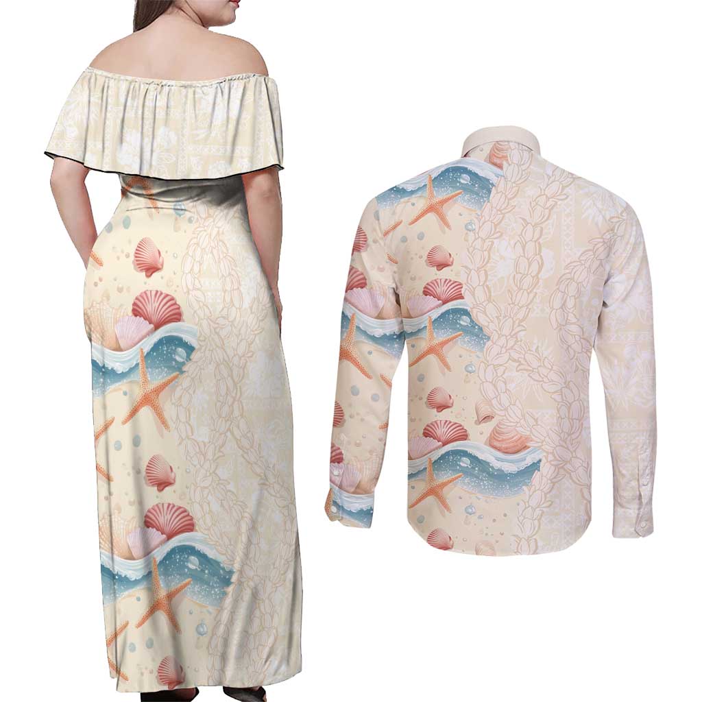 Beige Hawaii Lei Seashells Starfish Couples Matching Off Shoulder Maxi Dress and Long Sleeve Button Shirt Sandy Sylized - Polynesian Pride