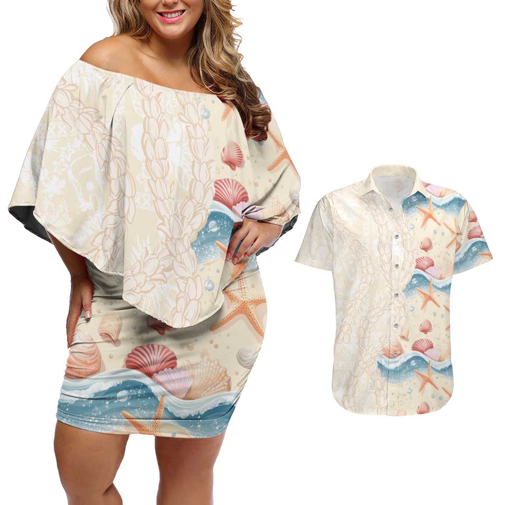 Beige Hawaii Lei Seashells Starfish Couples Matching Off Shoulder Short Dress and Hawaiian Shirt Sandy Sylized - Polynesian Pride