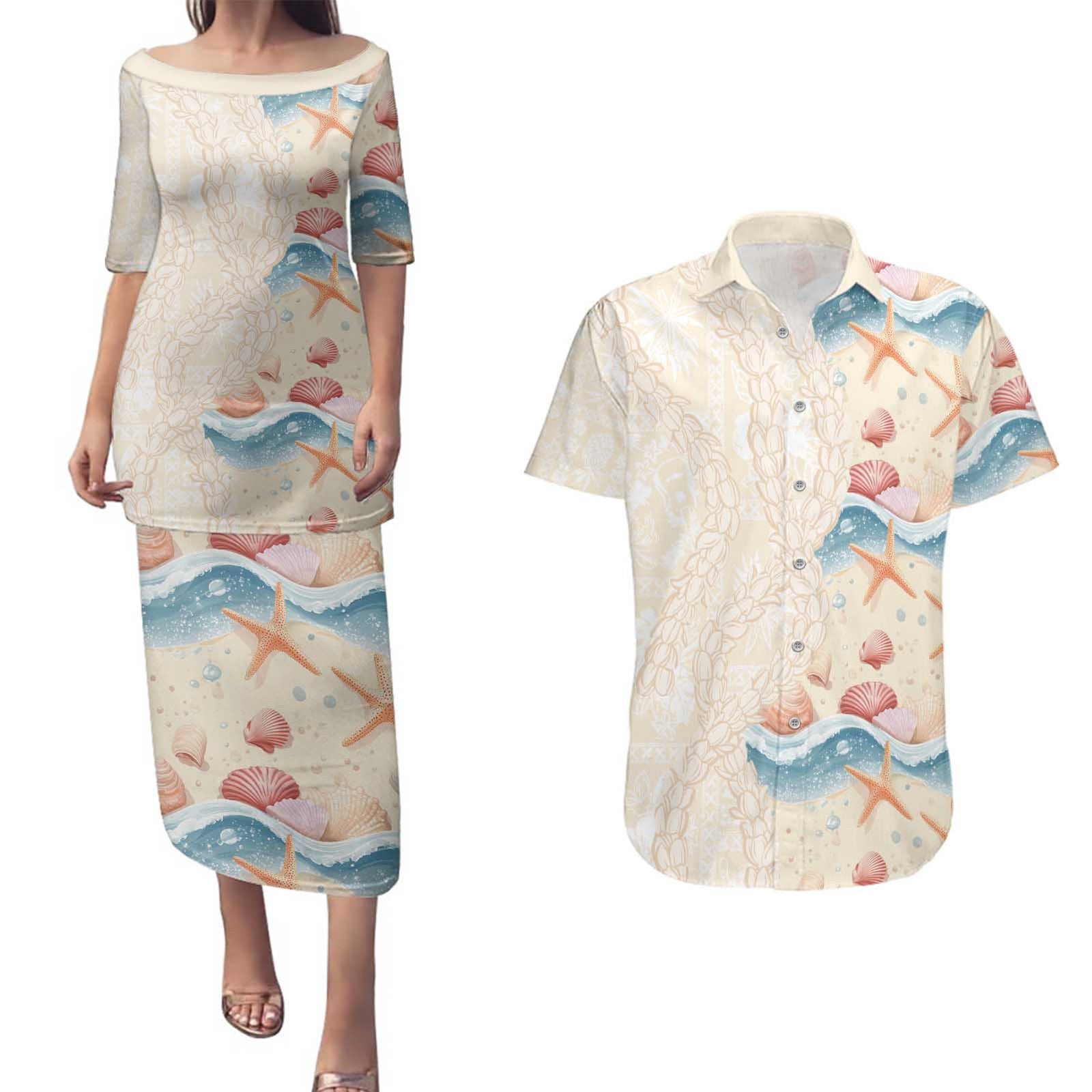 Beige Hawaii Lei Seashells Starfish Couples Matching Puletasi and Hawaiian Shirt Sandy Sylized - Polynesian Pride