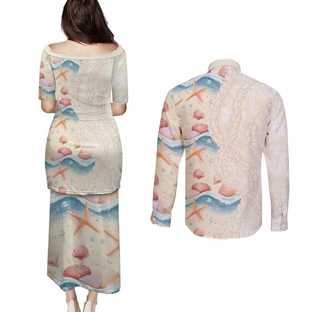 Beige Hawaii Lei Seashells Starfish Couples Matching Puletasi and Long Sleeve Button Shirt Sandy Sylized - Polynesian Pride