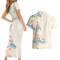 Beige Hawaii Lei Seashells Starfish Couples Matching Short Sleeve Bodycon Dress and Hawaiian Shirt Sandy Sylized - Polynesian Pride