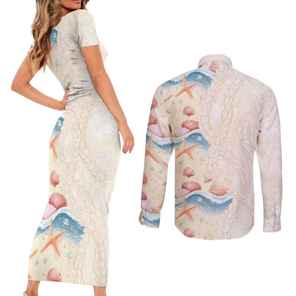 Beige Hawaii Lei Seashells Starfish Couples Matching Short Sleeve Bodycon Dress and Long Sleeve Button Shirt Sandy Sylized - Polynesian Pride