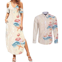 Beige Hawaii Lei Seashells Starfish Couples Matching Summer Maxi Dress and Long Sleeve Button Shirt Sandy Sylized - Polynesian Pride