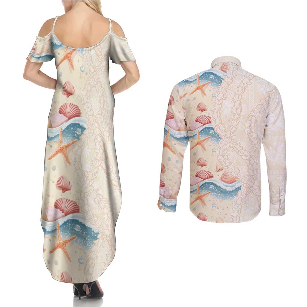 Beige Hawaii Lei Seashells Starfish Couples Matching Summer Maxi Dress and Long Sleeve Button Shirt Sandy Sylized - Polynesian Pride
