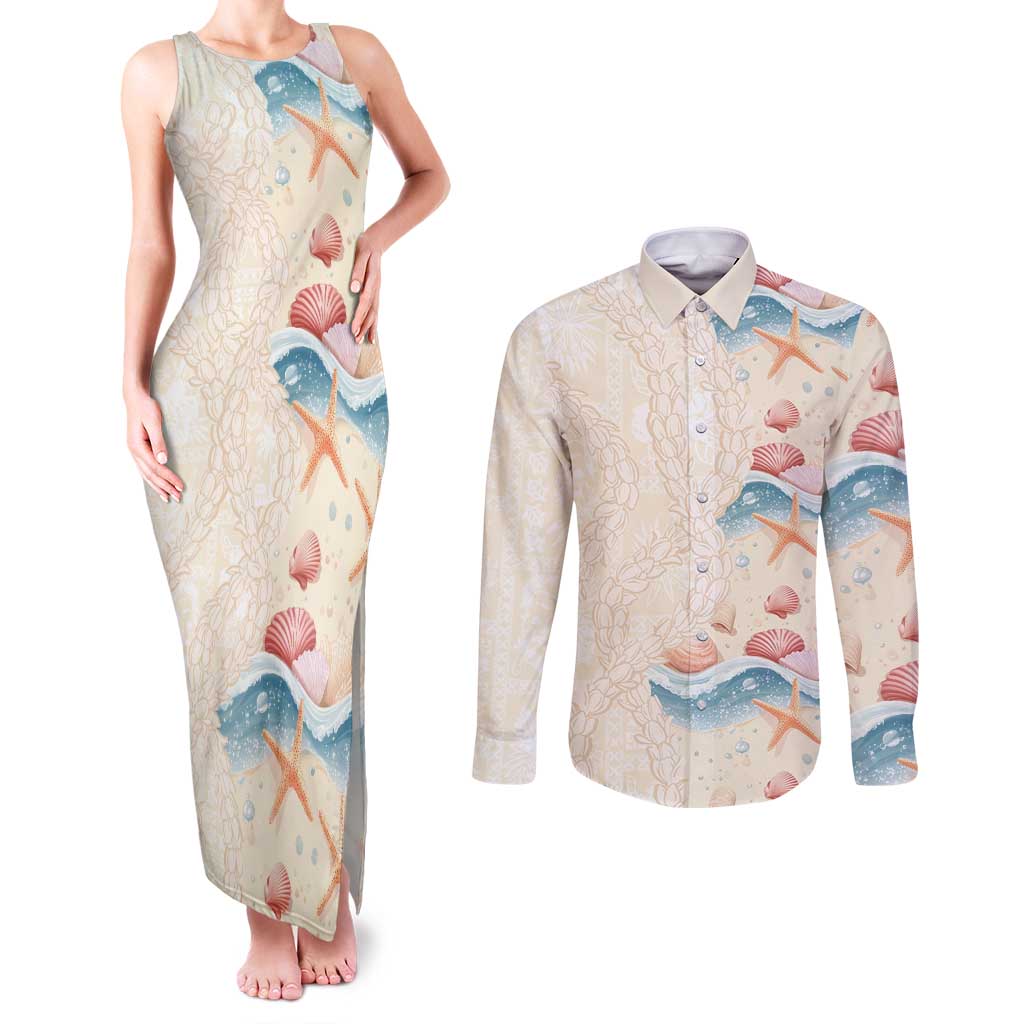 Beige Hawaii Lei Seashells Starfish Couples Matching Tank Maxi Dress and Long Sleeve Button Shirt Sandy Sylized - Polynesian Pride