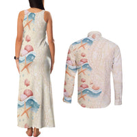 Beige Hawaii Lei Seashells Starfish Couples Matching Tank Maxi Dress and Long Sleeve Button Shirt Sandy Sylized - Polynesian Pride