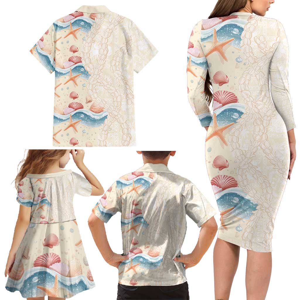 Beige Hawaii Lei Seashells Starfish Family Matching Long Sleeve Bodycon Dress and Hawaiian Shirt Sandy Sylized - Polynesian Pride