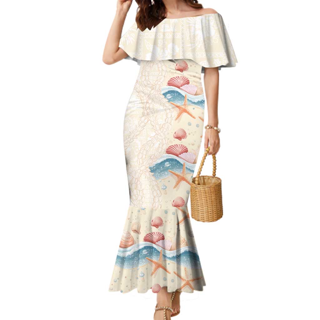 Beige Hawaii Lei Seashells Starfish Family Matching Mermaid Dress and Hawaiian Shirt Sandy Sylized - Polynesian Pride